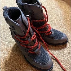 Gray and red laced heeled boots. Only worn twice. Like new.